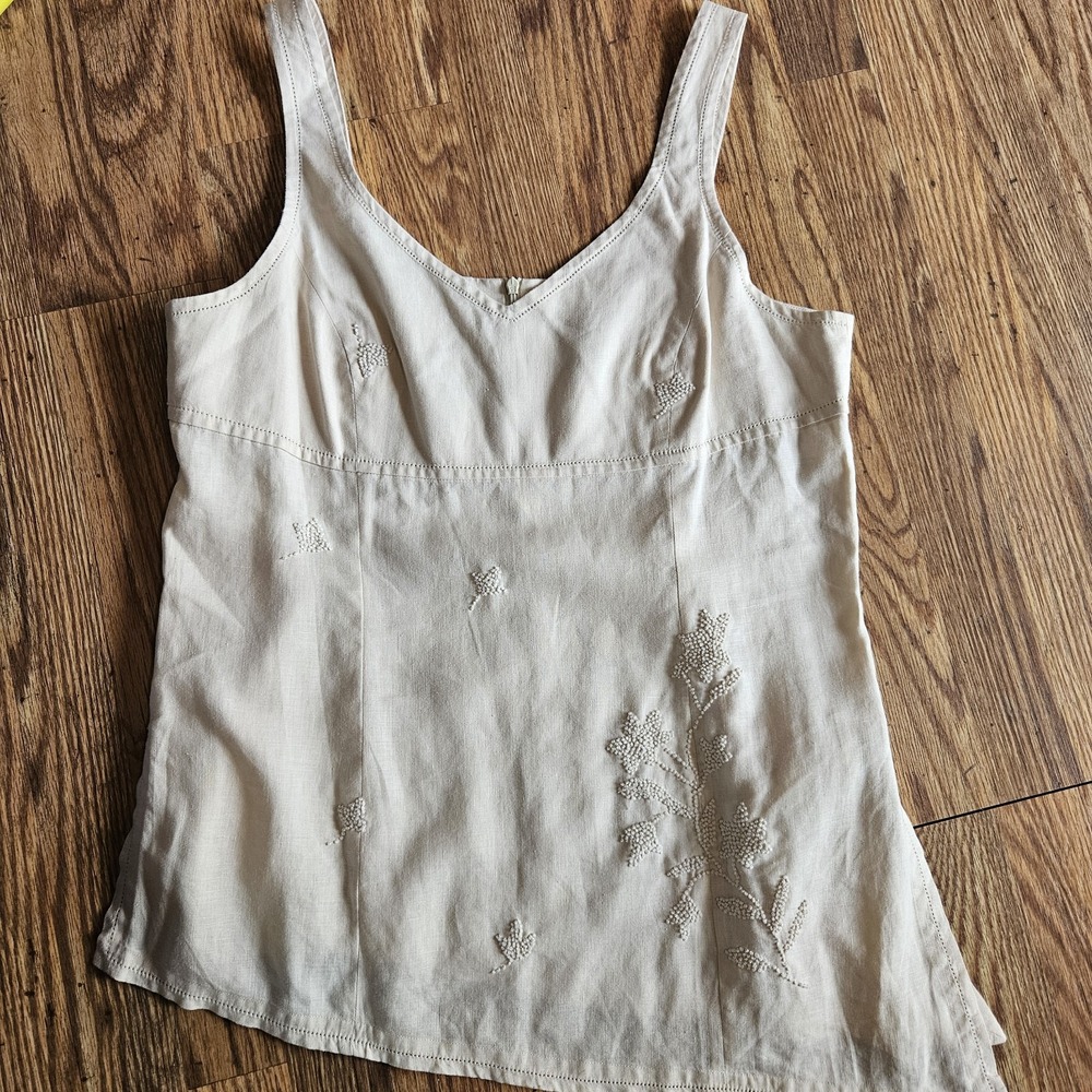 Willi Smith Cami Womens XL Ivory 100% Linen Beaded Embroidery Summer Office Tank